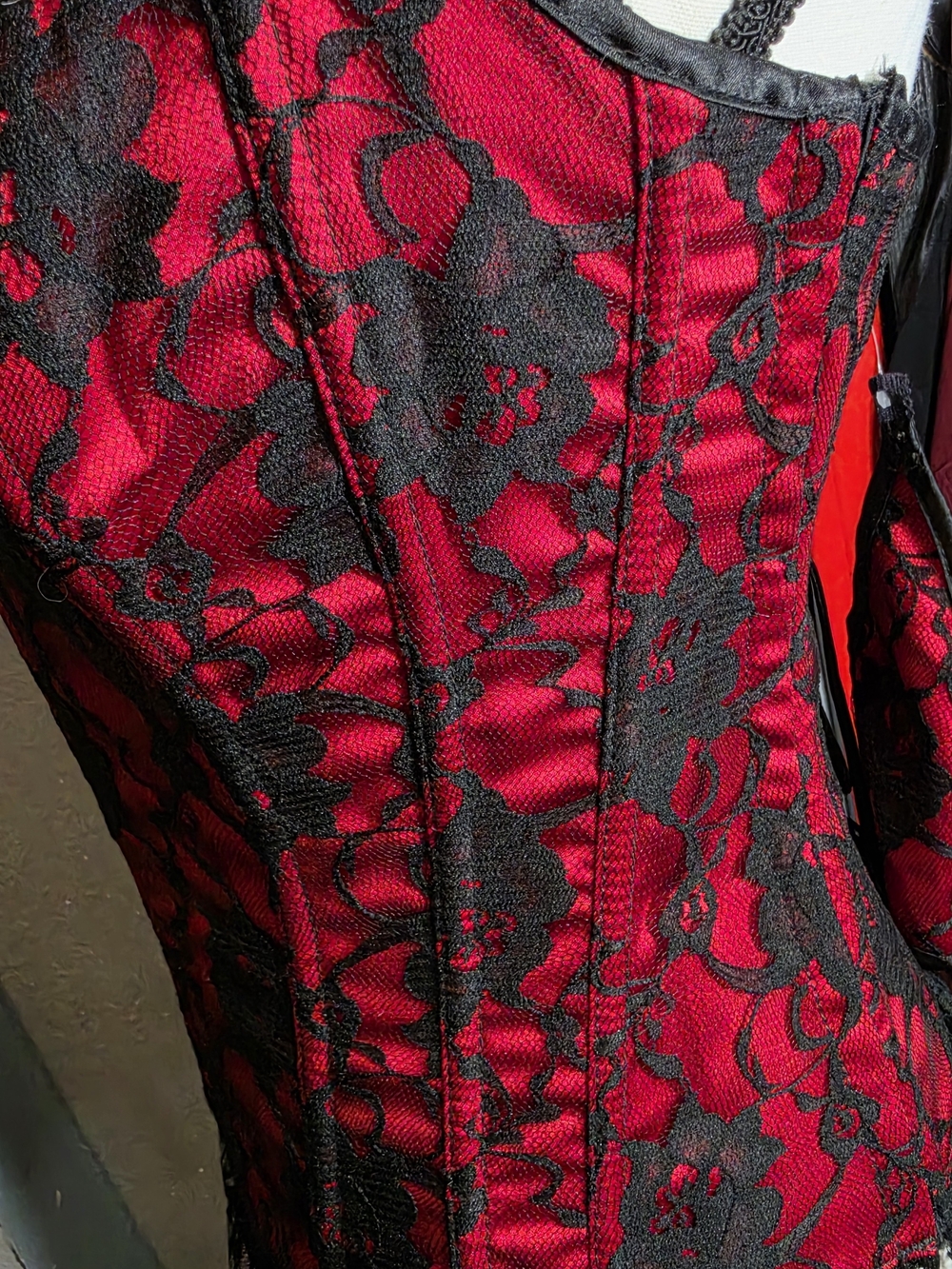 Red Satin Lace Corset Bustier with Black Lace Trim - Women Intimates - Picture 11 of 16